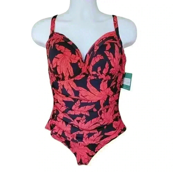 Seekers Essentials Australia One Piece Swimsuit Size 14 Black Red Ruched NWT - Picture 1 of 10